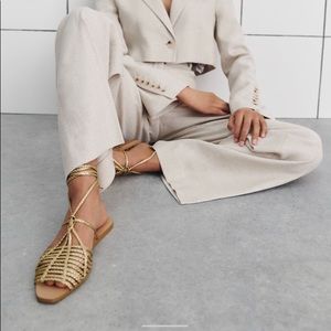 Zara Gold Ankle Wrap Flat Sandal